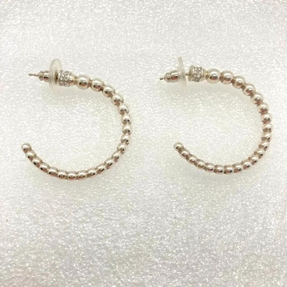 Silver Tone Beaded Open Hoop Earrings‎ Rhinestone Accent Womens Fashion Jewelry